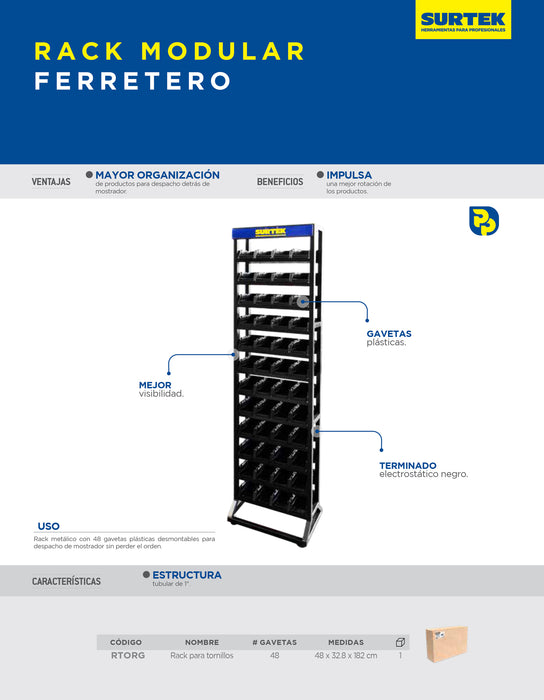 Rack de piso para tornillos, 48 gavetas plásticas Surtek