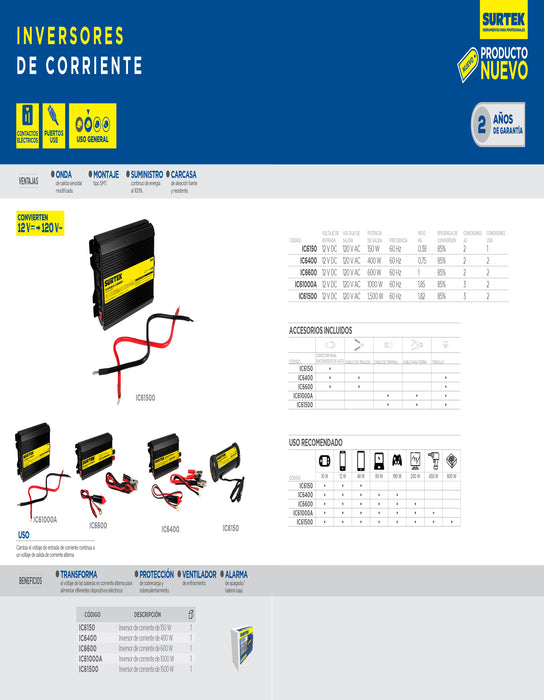 Inversor de corriente 12 V DC - 120 V AC, 1500 W Surtek
