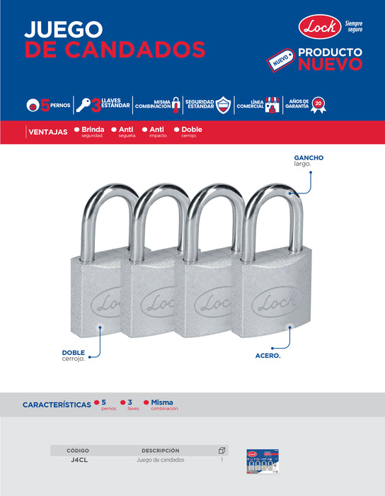 Juego de candados de acero largos 38 mm, llave estándar, 4 piezas Lock