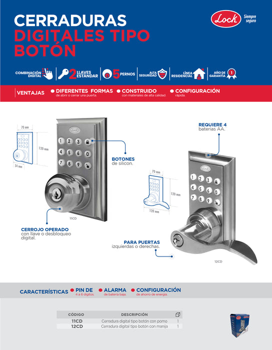 Cerradura digital tipo botón con pomo, llave estándar Lock