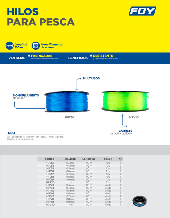 Hilo para pesca calibre 0.6 mm color azul Foy