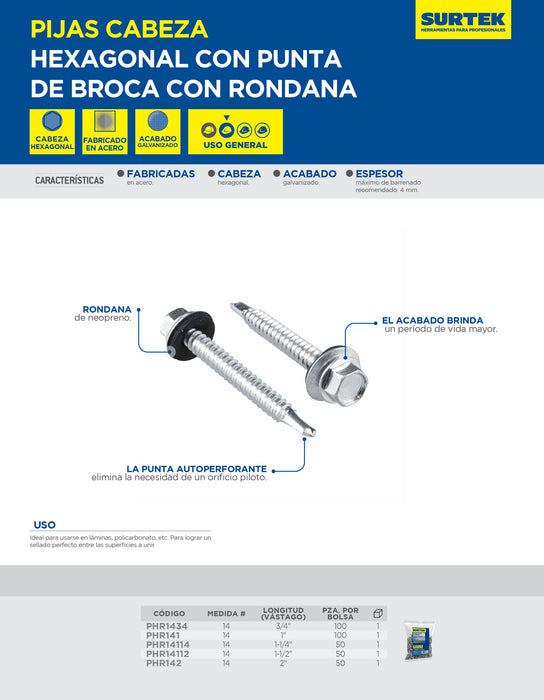 Pija cabeza hexagonal con rondana y punta de broca 1-1/4" x #14, 50 piezas Surtek
