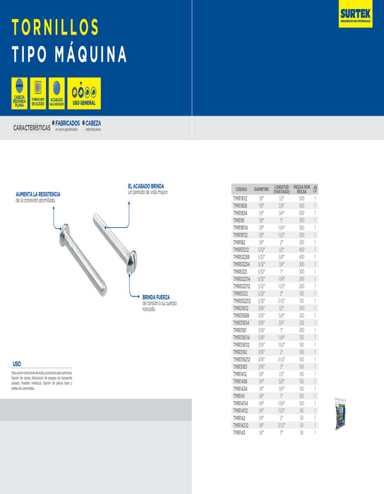 Tornillo tipo máquina cabeza redonda 3/16 x 2-1/2", 100 piezas Surtek
