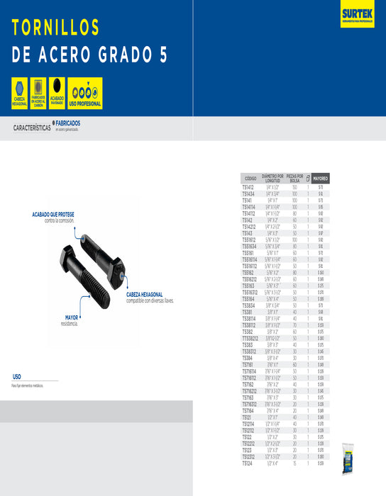 Tornillo de acero 5° rosca parcial, 7/16" x 1-1/12", 50 piezas Surtek