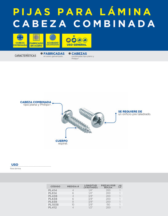 Pija cabeza combinada para lámina 5/8" x #12, 100 piezas Surtek