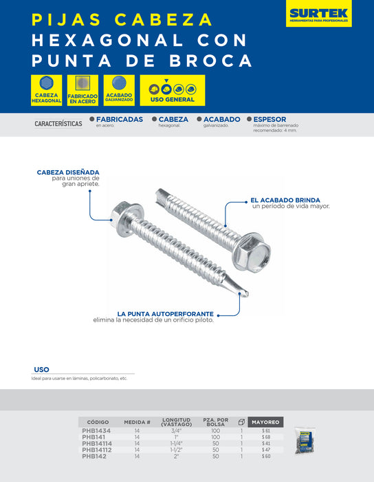 Pija cabeza hexagonal con punta de broca 1-1/2" x #14, 50 piezas Surtek