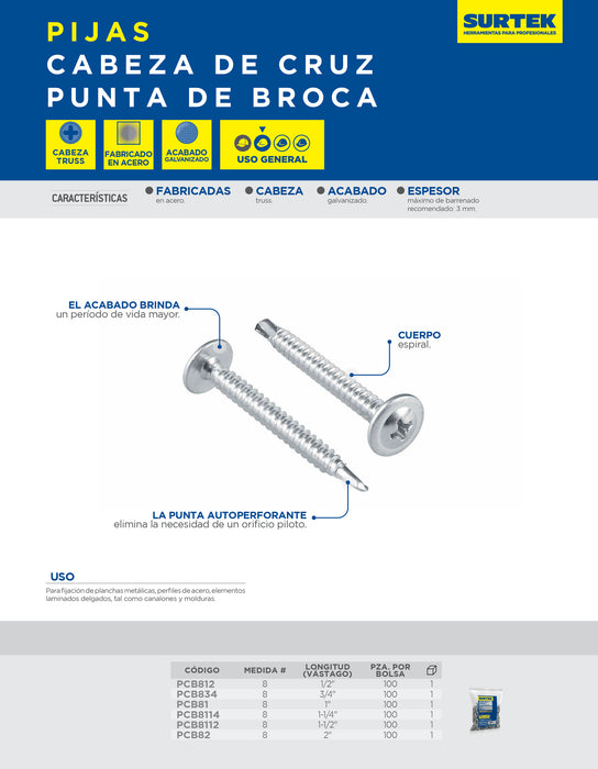 Pija cabeza de cruz punta de broca 1-1/2" x #8, 100 piezas Surtek