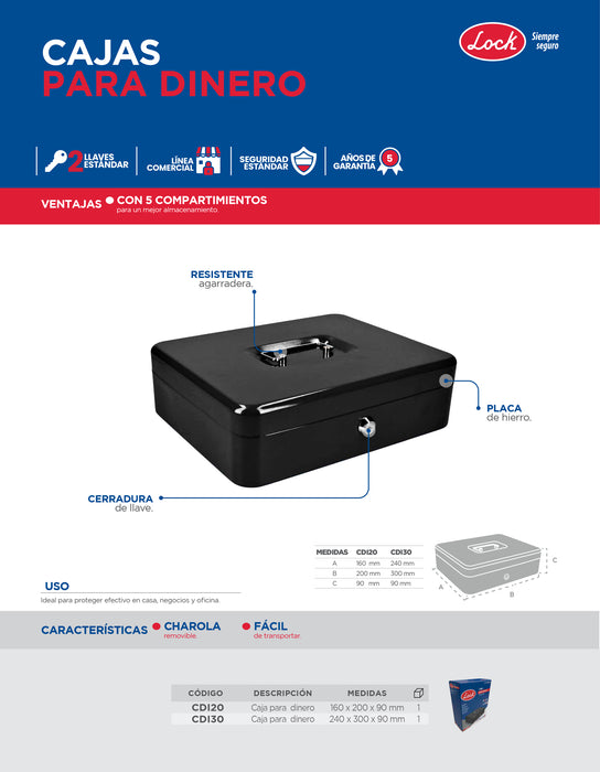Caja metálica para dinero con charola removible 160 mm x 200 mm x 90 mm Lock