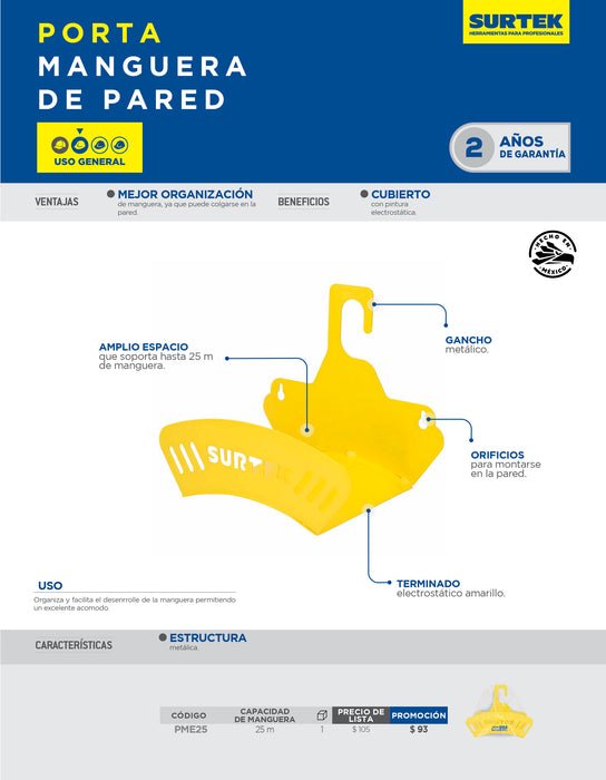 Porta manguera de pared metálico, capacidad de 25 m Surtek
