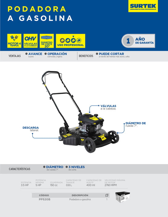 Podadora de pasto a gasolina 20" 150 cc Surtek