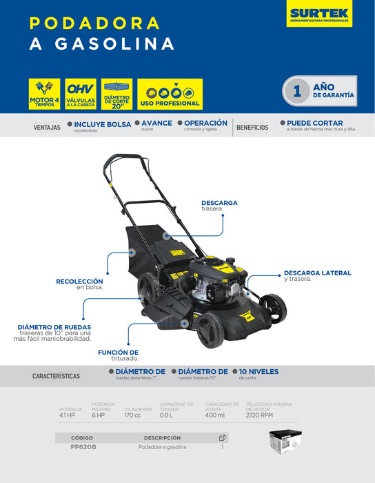 Podadora a gasolina 20" 170 cc Surtek