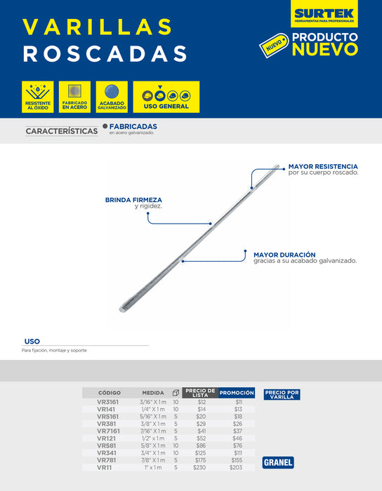 Varilla roscada 1" x 1 m Surtek