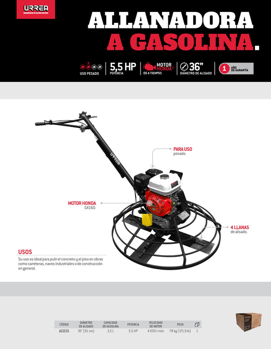Allanadora a gasolina con motor de 4 tiempos 5.5 HP Urrea