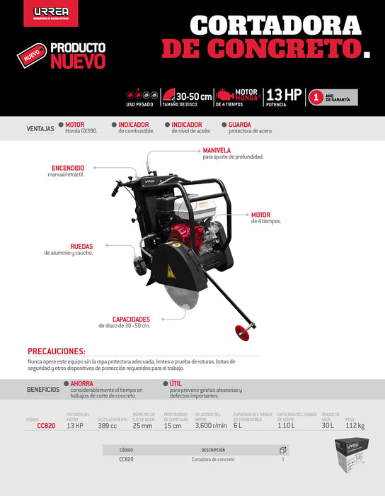 Cortadora de concreto a gasolina con motor de 4 tiempos 13 HP Urrea