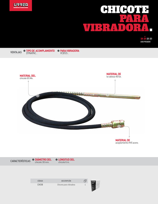 Chicote para vibradora de concreto 38 mm, 6 m Urrea