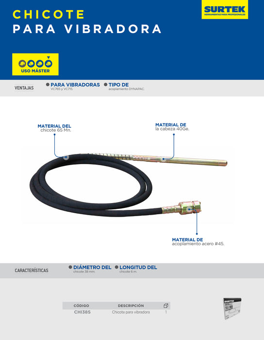 Chicote para vibradora de concreto 38 mm, 6m Surtek