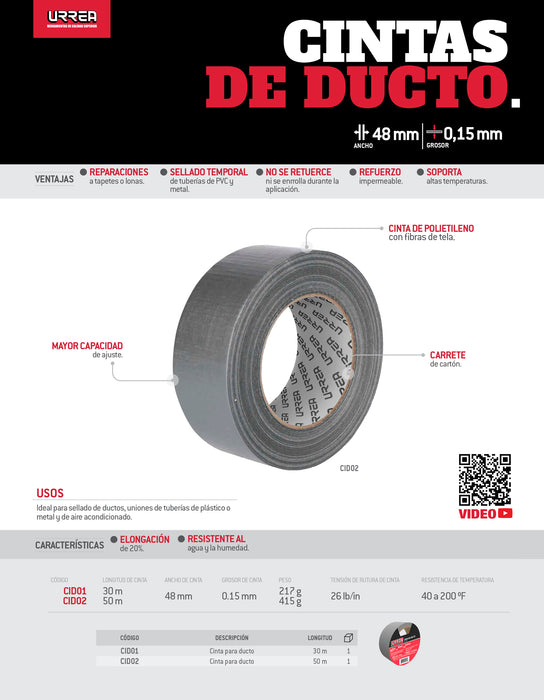 Cinta gris para ducto 48 mm x 50 m Urrea