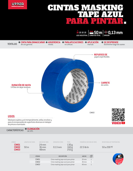 Cinta masking tape azul para enmascarar 36 mm x 50 m Urrea