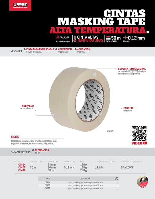 Cinta masking tape para alta temperatura para enmascarar 24 mm x 50 m Urrea