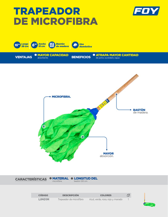 Trapeador de microfibra con bastón de madera 120 cm, 470 gr Foy