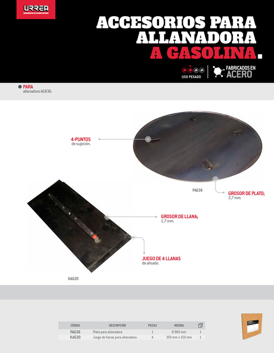 Plato para allanadora AG836, AG736 Urrea