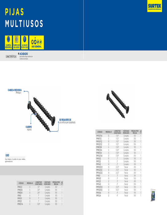 Pija multiusos fosfatizada 2-1/2" x #12, 100 piezas Surtek