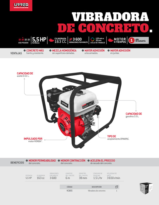 Vibradora de concreto a gasolina con motor de 4 tiempo 5.5 HP Urrea