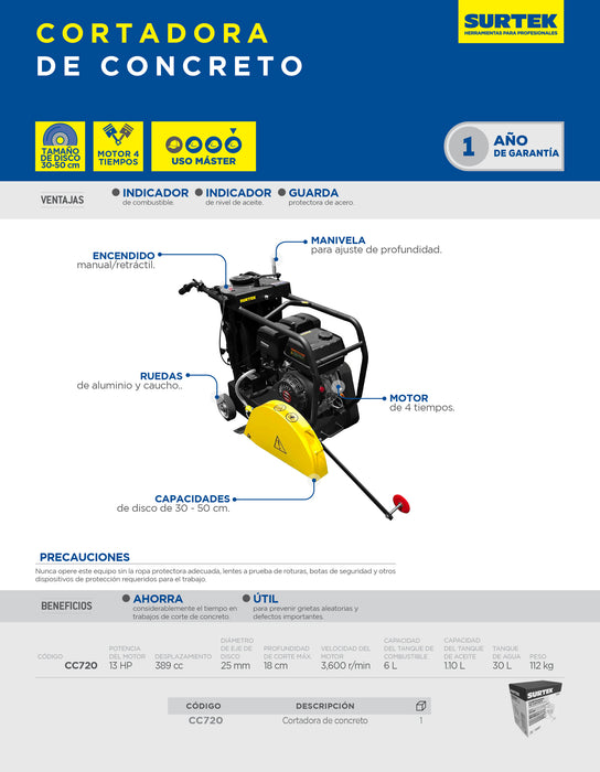 Cortadora de concreto a gasolina con motor de 4 tiempos 13 HP Surtek