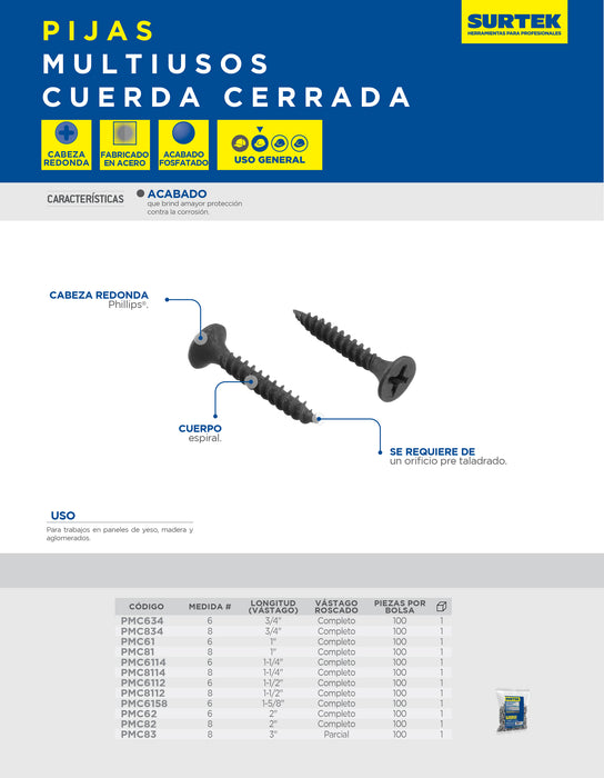 Pija multiusos cuerda cerrada 3" x #8, 100 piezas Surtek