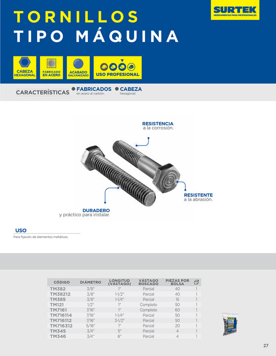 Tornillo tipo máquina rosca parcial 7/16" x 3-1/2", 20 piezas Surtek