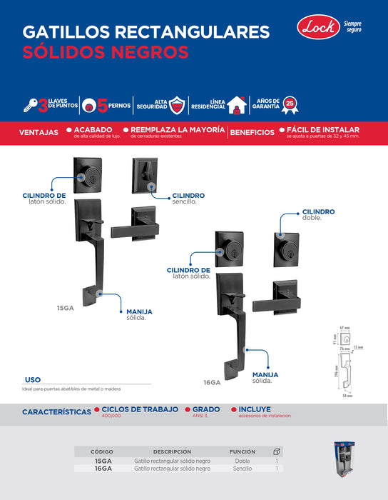Gatillo rectangular sólido para entrada función doble, negro, visual Lock
