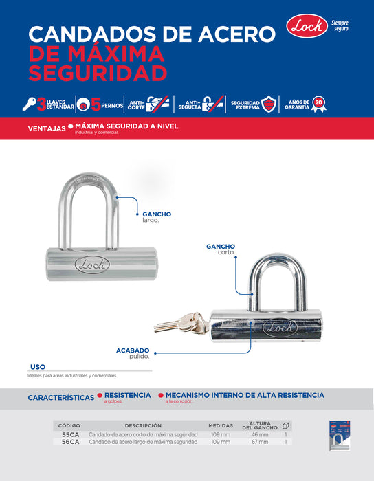 Candado de máxima seguridad tipo gancho corto 109 mm, llave estándar Lock