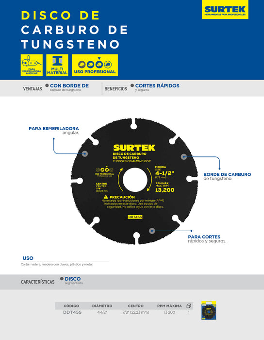 Disco de diamante multi-corte punta de carburo de tungsteno, 4-1/2" Surtek