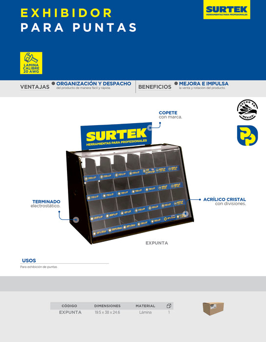 Rack despachador de mostrador para puntas intercambiables 19.5 x 38 x 24.6 cm Surtek