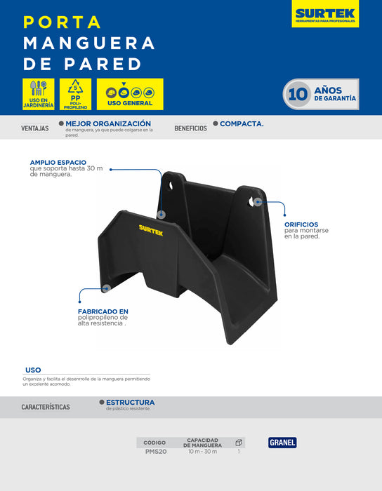 Porta manguera de pared plástico, capacidad de 20 m Surtek