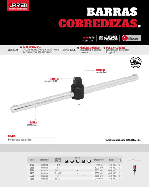Barra corrediza para dado cuadro de 1/4", 4-1/2" Urrea