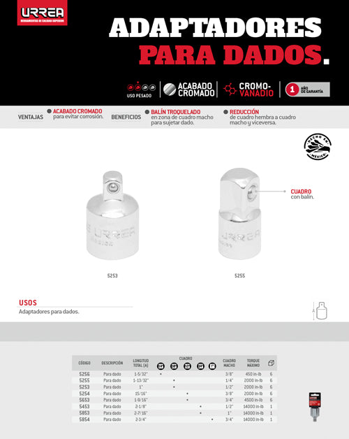 Adaptador para dado cuadro de 3/8" hembra a 1/2" macho Urrea
