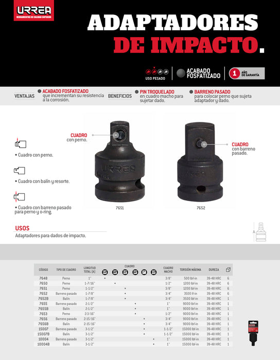 Adaptador con perno para dado de impacto cuadro de 1/4" hembra a 3/8" macho Urrea
