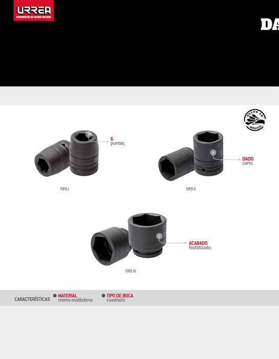 Dado de impacto cuadro de 1", 6 puntas, en pulgadas, 2-15/16" Urrea