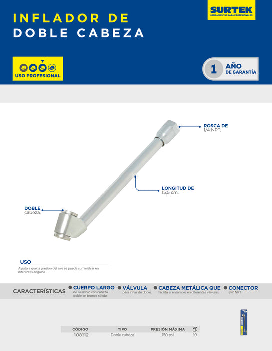 Cabeza doble para inflar de 1/4" NPT Surtek