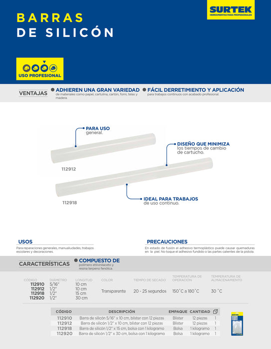 Barra de silicón 1/2" x 10 cm, 12 piezas en blíster Surtek