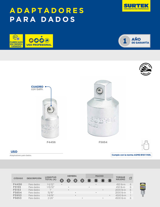 Adaptador para dado cuadro de 1/2" hembra a 3/4" macho Surtek