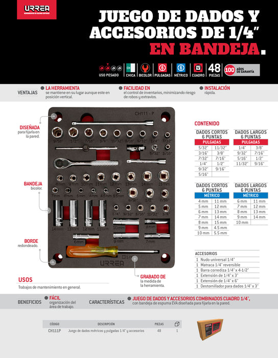 Juego de dados y accesorios cuadro de 1/4" combinados 48 piezas, CH111P-C Urrea