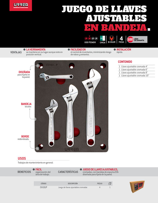 Juego de llaves ajustables 4 piezas, CH151P-C Urrea