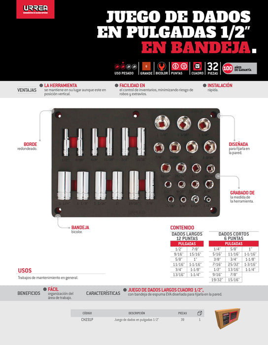 Juego de dados en pulgadas cuadro de 1/2" 32 piezas, CH231P-C Urrea