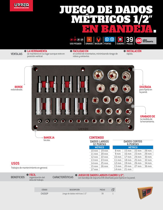 Juego de dados métricos cuadro de 1/2" 39 piezas, CH232P-C Urrea
