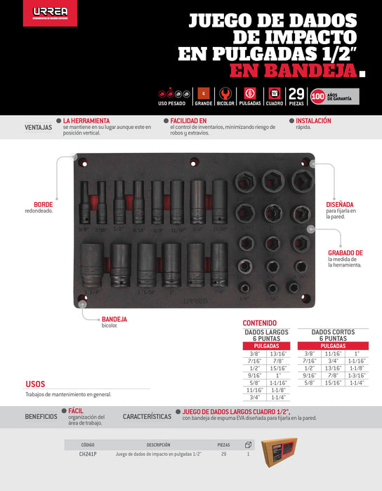 Juego de dados de impacto en pulgadas cuadro de 1/2" 29 piezas, CH241P-C Urrea