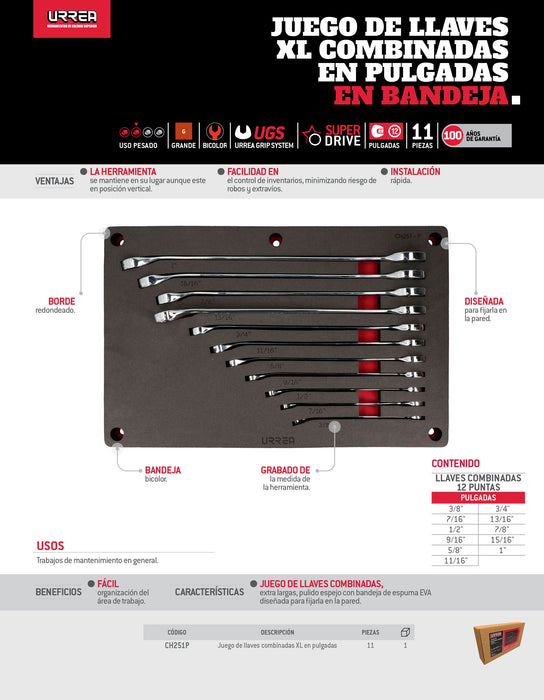 Juego de llaves combinadas pulido espejo extra largas enpulgadas 11 piezas, CH251P-C Urrea