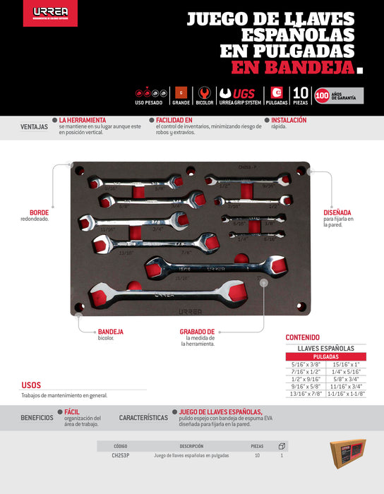 Juego de llaves españolas pulido espejo en pulgadas 10 piezas, CH253P-C Urrea