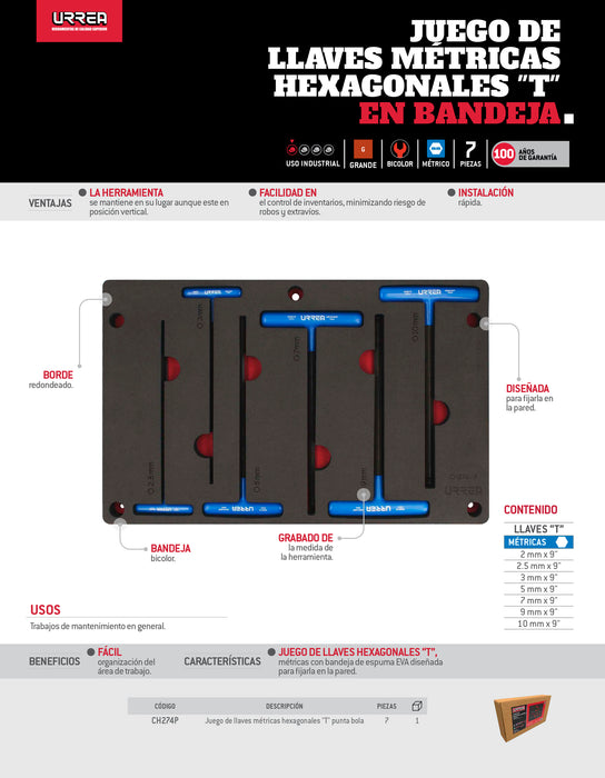 Juego de llaves hexagonales tipo "T" métricas 7 piezas, CH274P-C Urrea